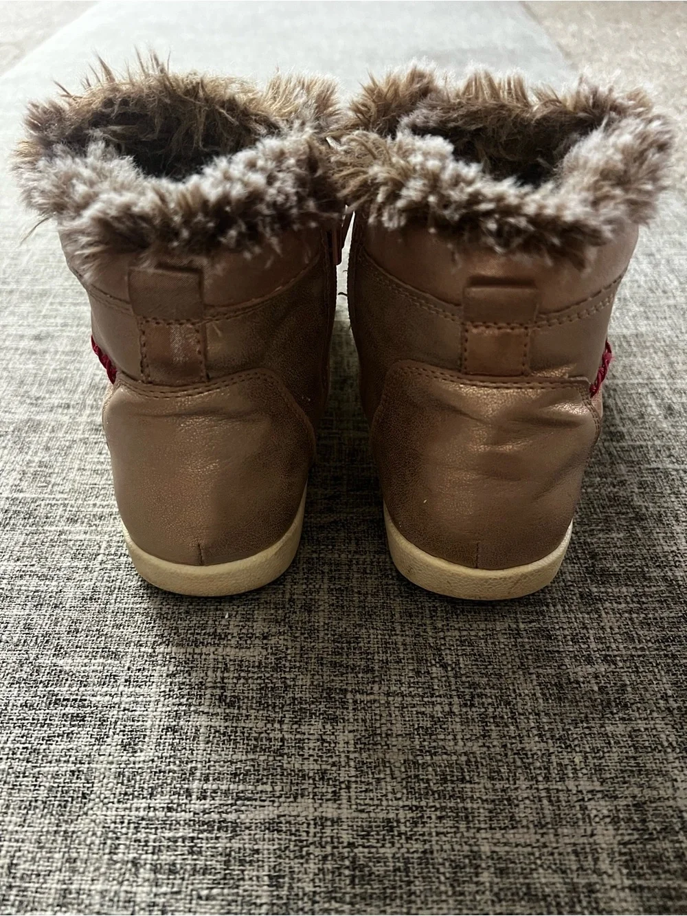 Justice Girls Rose Gold Faux Fur Lined High Top Winter Boots Size 6 Zip Lace Up